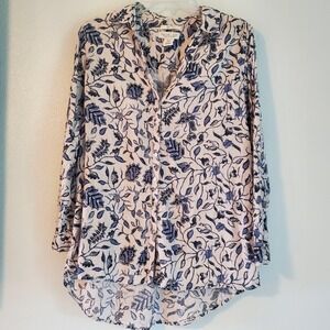 Rachel Zoe Shirt Womens Medium Blue White Floral Linen Button Up Long Sleeve Top